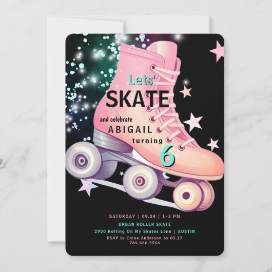 ガールローラースケートで滑るブラックネオンバースデーパーティー 招待状 (正面)