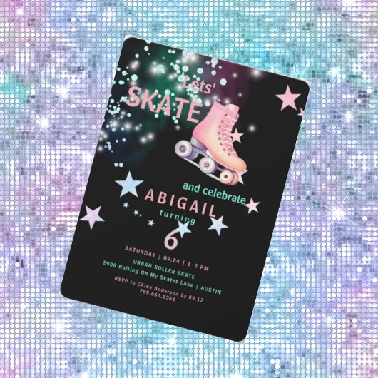 ガールローラースケートで滑るブラック&ネオンバースデーパーティー 招待状