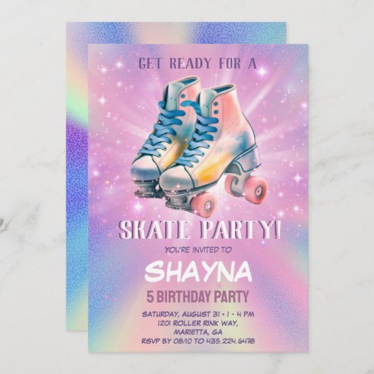 ガールローラースケートで滑る誕生日 招待状 (正面/裏面)