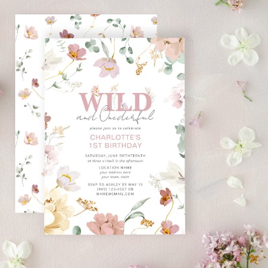 ガールワイルドアンドオンダーフルワイルドフラワーファースト誕生日 招待状