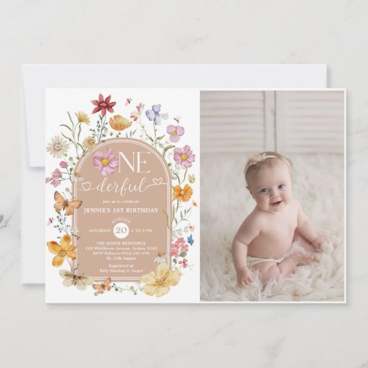 ガールワイルドフラワーOnederful 1st誕生日パーティー写真 招待状 (正面)