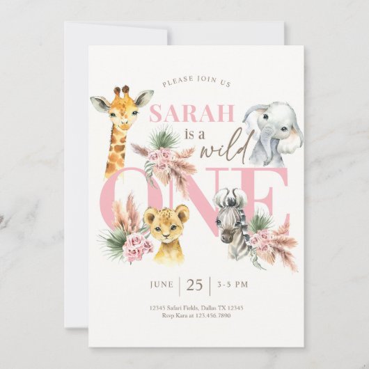 ガールワイルドワンサファリ誕生日招待状ジャングル 招待状 (正面)