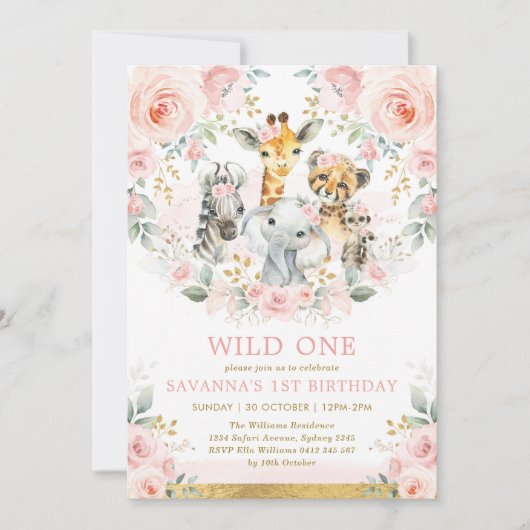 ガールワイルドワンジャングルサファリ赤面フローラ誕生日 招待状 (正面)
