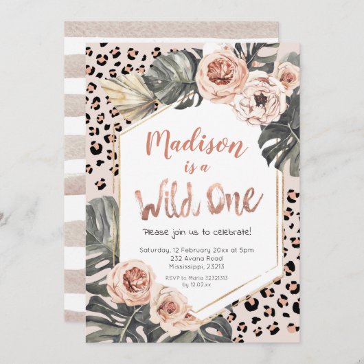 ガールワイルドワンヒョウ印刷誕生日 招待状 (正面/裏面)