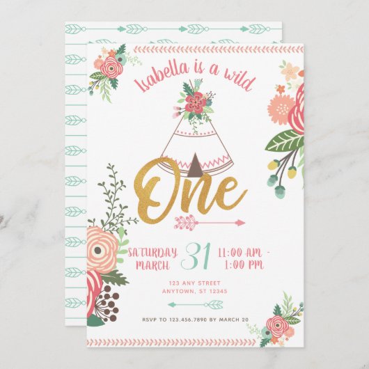 ガールワイルドワンボホトライバルファースト誕生日招待状 招待状 (正面/裏面)