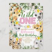 ガールワイルドワン誕生日ジャングルアニマルズ1st誕生日 招待状 (正面/裏面)