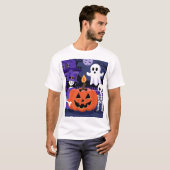 ガール不気味アンドパンプキン幽霊ポットハロウィンティー Tシャツ (正面フル)