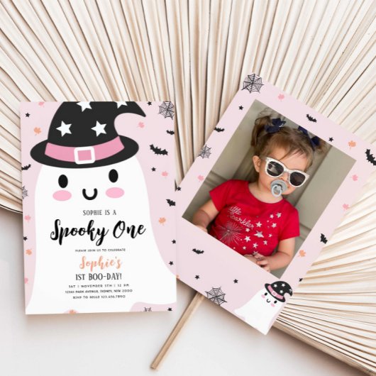 ガール不気味ワンハローエン幽霊ピンク1st誕生日 招待状