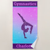 ガール体操ハンドスタンドパープルアクアパーソナライズされた ビーチタオル (正面)