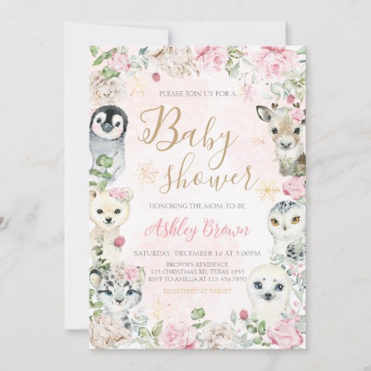 ガール冬の北極動物の赤ちゃんシャワー 招待状 (正面)