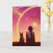 ガール及びドッグアート誕生日グリーティングカード カード (黄色い花)