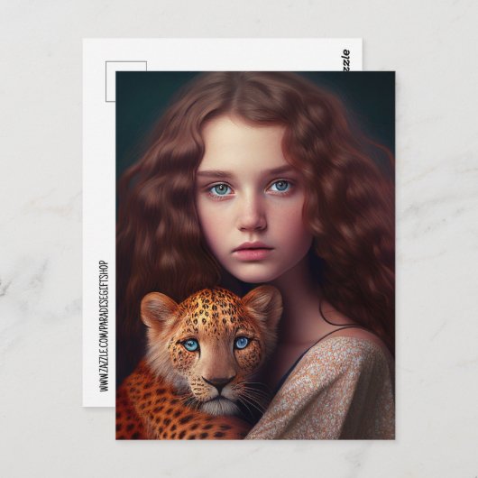 ガール及び猫ベビー虎はがき ポストカード (正面/裏面)