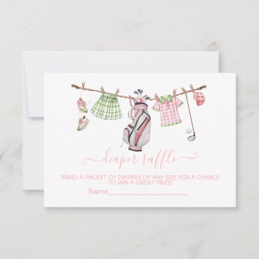 ガール名門私立校風のゴルフ物干しおむつラッフルカード 招待状 (正面)