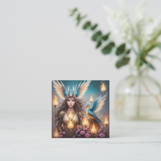 ガール威厳のあるフェニックスバードオイル塗装、3d、 スクエア名刺 (スタンド正面)