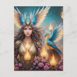 ガール威厳のあるフェニックスバードオイル塗装、3d、 ポストカード
