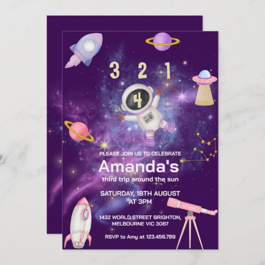 ガール宇宙飛行士宇宙誕生日 招待状 (正面/裏面)