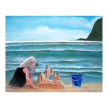 ガール建物砂の城の海絵画の芸術