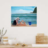 ガール建物砂の城の海絵画の芸術 ポスター (キッチン)