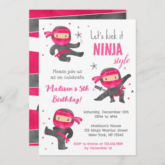 ガール忍者空手バースデーパーティ招待状 招待状 (正面/裏面)