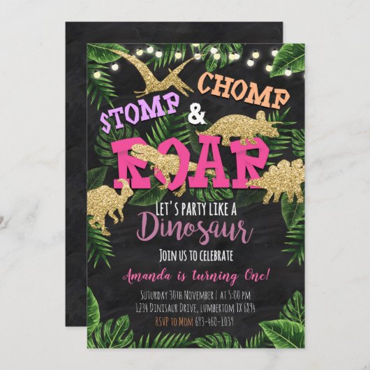 ガール恐竜トロピカル誕生日招待状 招待状 (正面/裏面)