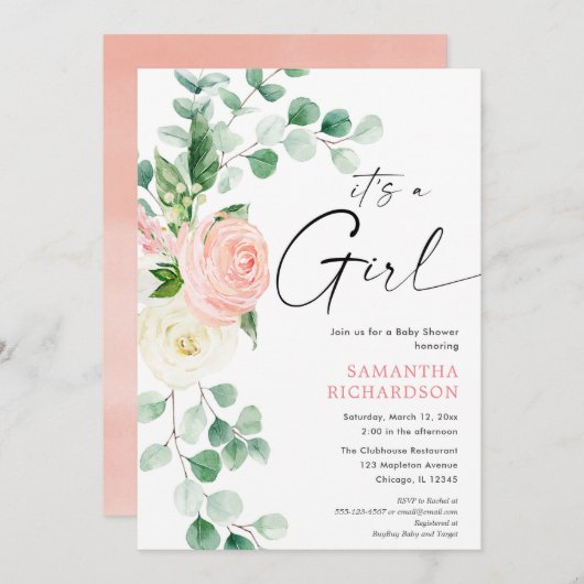 ガール春フローラ緑ユーカリベビー 招待状 (正面/裏面)