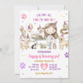 ガール獣医動物子供の誕生日パーティー 招待状 (正面)