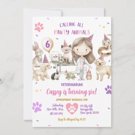 ガール獣医動物子供の誕生日パーティー 招待状 (正面)