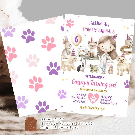 ガール獣医動物子供の誕生日パーティー 招待状
