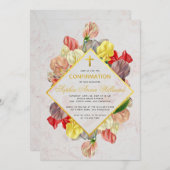 ガール確認金ゴールド大理石スイートピースフローラ 招待状 (正面/裏面)