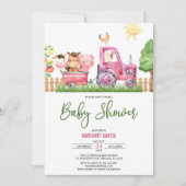 ガール納屋周囲の庭ピンクファームアニマルズベビーシャワー 招待状 (正面)