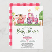 ガール納屋周囲の庭ピンクファームアニマルズベビーシャワー 招待状 (正面/裏面)