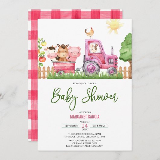 ガール納屋周囲の庭ピンクファームアニマルズベビーシャワー 招待状 (正面/裏面)
