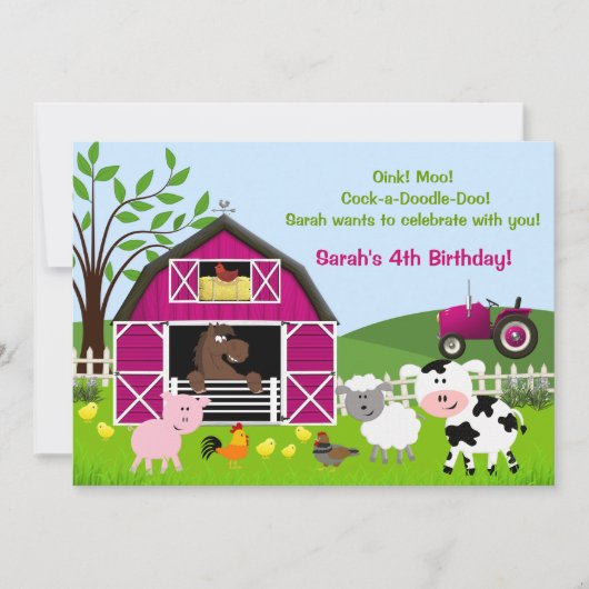 ガール納屋周囲の庭ファームアニマルズ誕生日招待状 招待状 (正面)