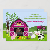 ガール納屋周囲の庭ファームアニマルズ誕生日招待状 招待状 (正面/裏面)