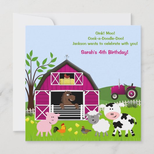ガール納屋周囲の庭ファームアニマルズ誕生日招待状 招待状 (正面)