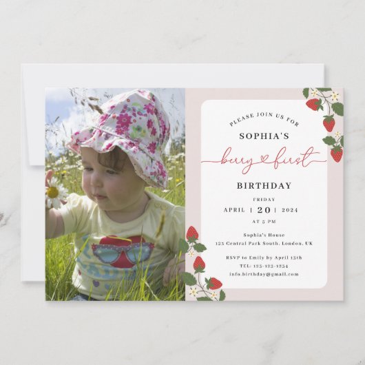 ガール素朴エレガントズベリーファースト誕生日 招待状 (正面)