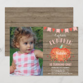 ガール素朴カボチャ誕生日招待状ピンク 招待状 (正面/裏面)