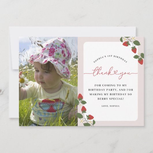 ガール素朴ズエレガント・ベリーの最初の誕生日写真 サンキューカード (正面)