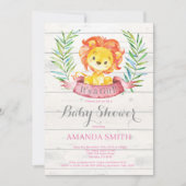 ガール素朴ライオンベビーシャワー招待状ピンク 招待状 (正面)