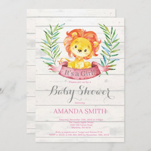 ガール素朴ライオンベビーシャワー招待状ピンク 招待状 (正面/裏面)