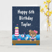 ガール航海のベアーピンク&ネイビーハッピーバースデー カード (黄色い花)