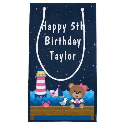 ガール航海のベアーピンク&ネイビーハッピーバースデー スモールペーパーバッグ (正面)