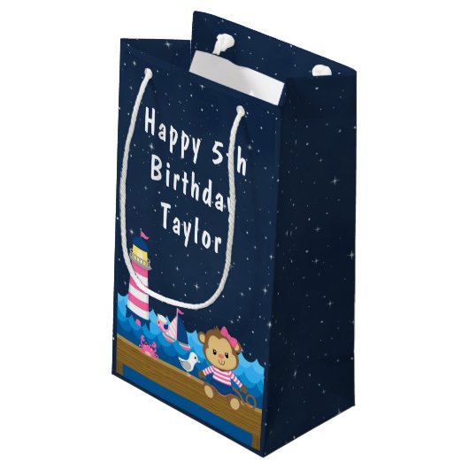 ガール航海のモンキーピンクアンドネイビーハッピーバースデー スモールペーパーバッグ (裏面アングル)