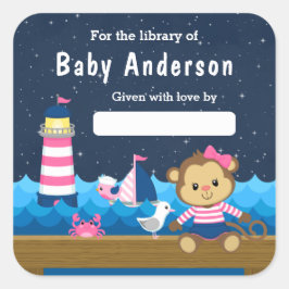 ガール航海のモンキーピンクアンドネイビーベビー蔵書票 スクエアシール