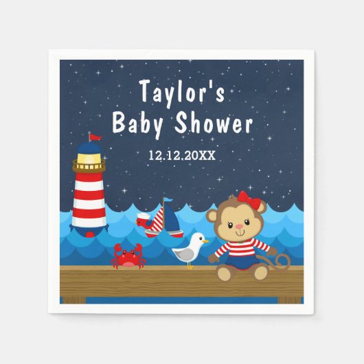 ガール航海のモンキーレッドとネイビーベイビーシャワー スタンダードカクテルナプキン (正面)