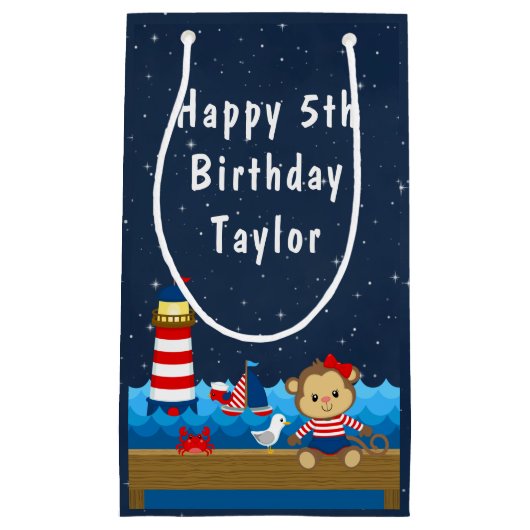 ガール航海のモンキーレッド&ネイビーハッピーバースデー スモールペーパーバッグ (正面)