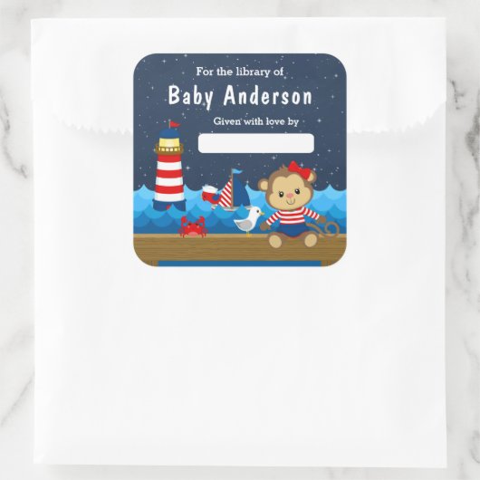 ガール航海のモンキーレッド&ネイビーベビー蔵書票 スクエアシール (バッグ)