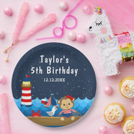 ガール航海のモンキーレッド&ネイビー誕生日パーティー ペーパープレート (パーティー)