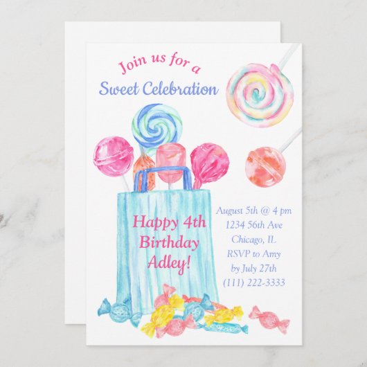 ガール誕生日ウォーターカラーキャンディスイート誕生日 招待状 (正面/裏面)