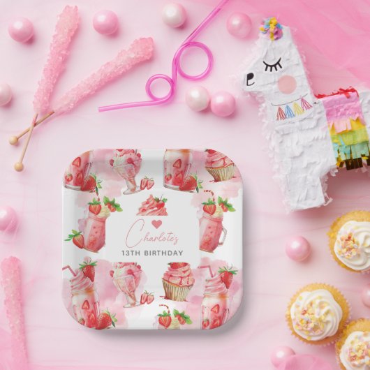 ガール誕生日ストロベリーミルクシェイクパーソナライズされた ペーパープレート (パーティー)